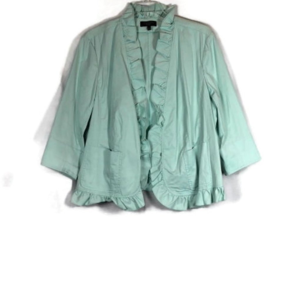 Talbots Green Women's Light Jacket Blazer Open Front Ruffles Size 18W 034